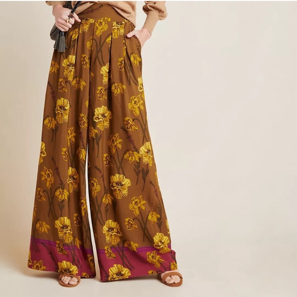 Anthropologie Brown Floral Wide Leg Pants